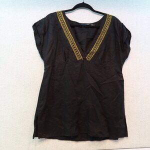 Saint Tropez West Black Linen with Gold Trim V-neck Short Sleeve Top, Sz M